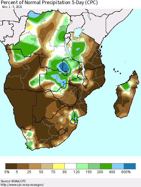 Southern Africa Percent of Normal Precipitation 5-Day (CPC) Thematic Map For 11/1/2021 - 11/5/2021