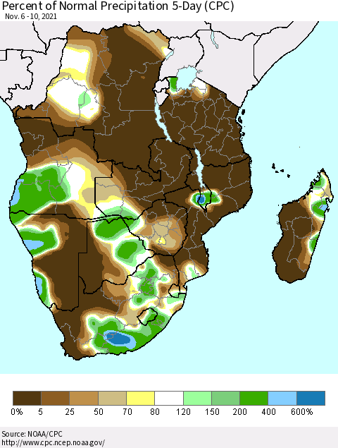 Southern Africa Percent of Normal Precipitation 5-Day (CPC) Thematic Map For 11/6/2021 - 11/10/2021
