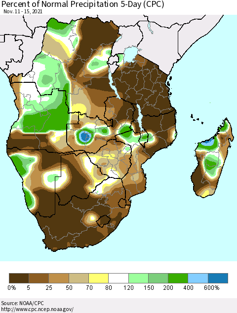 Southern Africa Percent of Normal Precipitation 5-Day (CPC) Thematic Map For 11/11/2021 - 11/15/2021