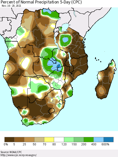 Southern Africa Percent of Normal Precipitation 5-Day (CPC) Thematic Map For 11/16/2021 - 11/20/2021