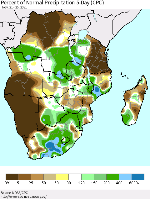 Southern Africa Percent of Normal Precipitation 5-Day (CPC) Thematic Map For 11/21/2021 - 11/25/2021