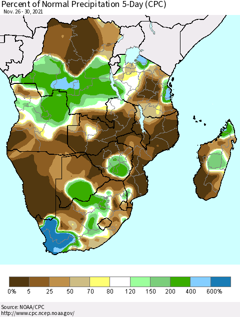 Southern Africa Percent of Normal Precipitation 5-Day (CPC) Thematic Map For 11/26/2021 - 11/30/2021