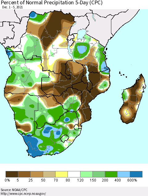Southern Africa Percent of Normal Precipitation 5-Day (CPC) Thematic Map For 12/1/2021 - 12/5/2021
