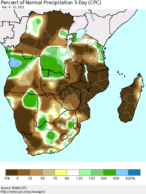 Southern Africa Percent of Normal Precipitation 5-Day (CPC) Thematic Map For 12/6/2021 - 12/10/2021