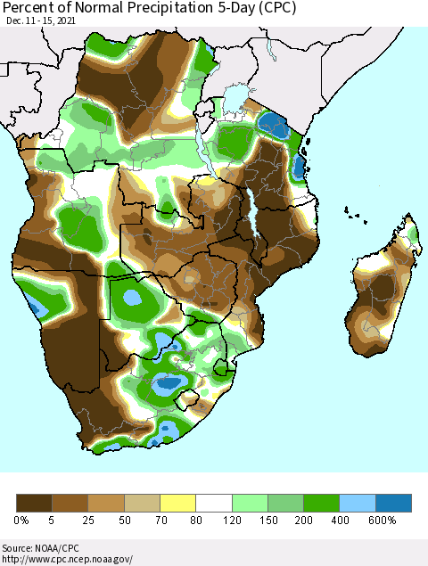 Southern Africa Percent of Normal Precipitation 5-Day (CPC) Thematic Map For 12/11/2021 - 12/15/2021