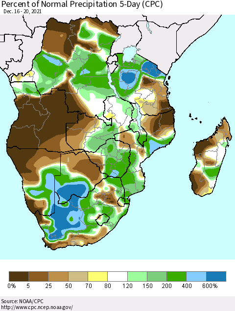 Southern Africa Percent of Normal Precipitation 5-Day (CPC) Thematic Map For 12/16/2021 - 12/20/2021