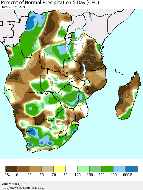 Southern Africa Percent of Normal Precipitation 5-Day (CPC) Thematic Map For 12/21/2021 - 12/25/2021