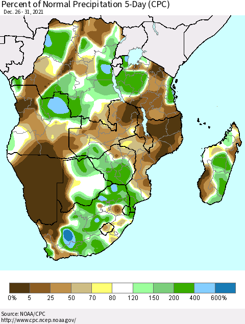 Southern Africa Percent of Normal Precipitation 5-Day (CPC) Thematic Map For 12/26/2021 - 12/31/2021