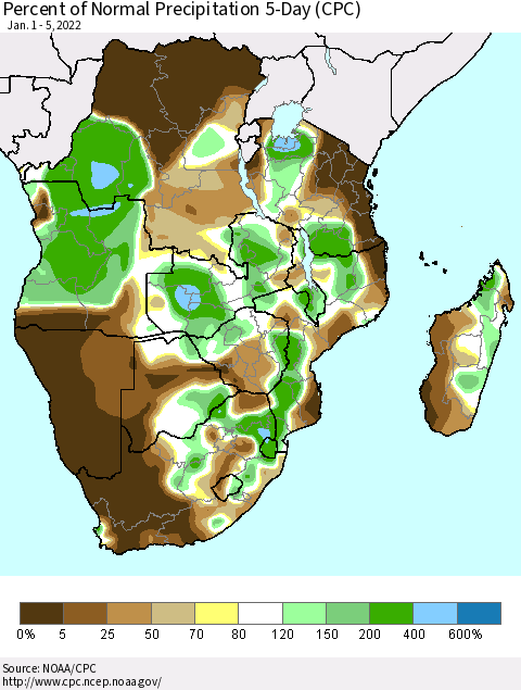 Southern Africa Percent of Normal Precipitation 5-Day (CPC) Thematic Map For 1/1/2022 - 1/5/2022