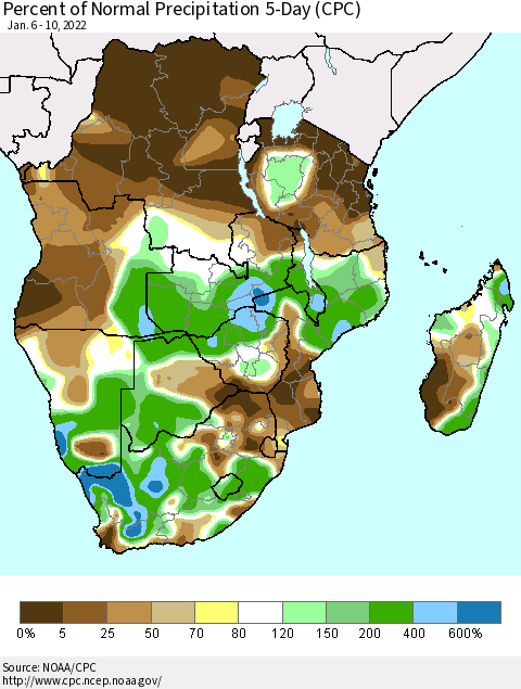 Southern Africa Percent of Normal Precipitation 5-Day (CPC) Thematic Map For 1/6/2022 - 1/10/2022
