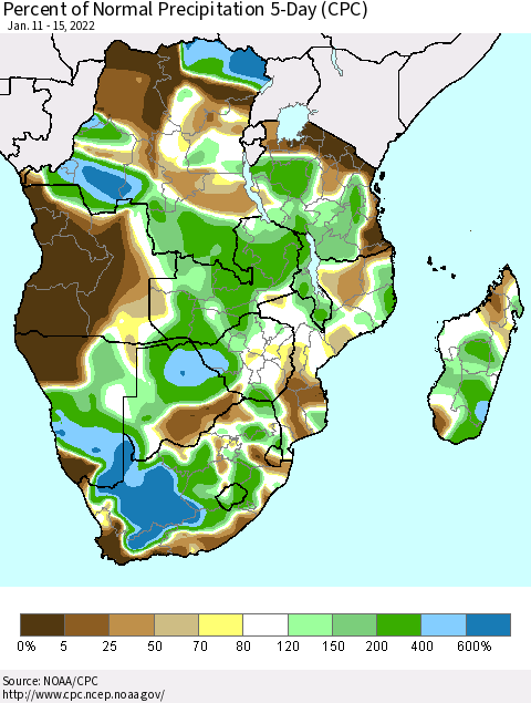 Southern Africa Percent of Normal Precipitation 5-Day (CPC) Thematic Map For 1/11/2022 - 1/15/2022