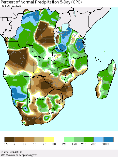 Southern Africa Percent of Normal Precipitation 5-Day (CPC) Thematic Map For 1/16/2022 - 1/20/2022