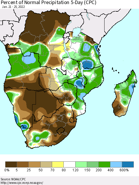 Southern Africa Percent of Normal Precipitation 5-Day (CPC) Thematic Map For 1/21/2022 - 1/25/2022