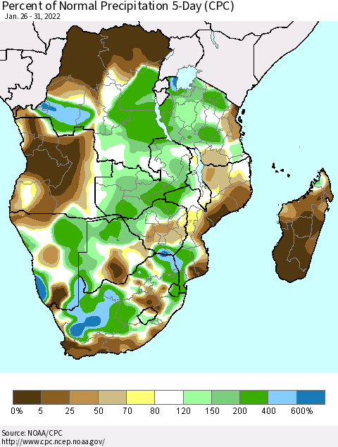 Southern Africa Percent of Normal Precipitation 5-Day (CPC) Thematic Map For 1/26/2022 - 1/31/2022