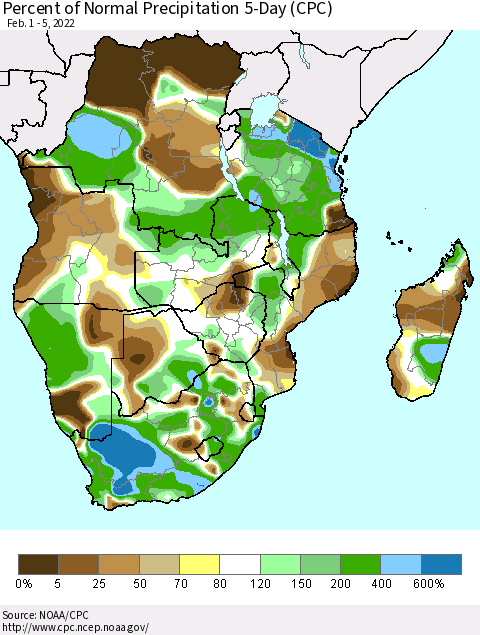 Southern Africa Percent of Normal Precipitation 5-Day (CPC) Thematic Map For 2/1/2022 - 2/5/2022