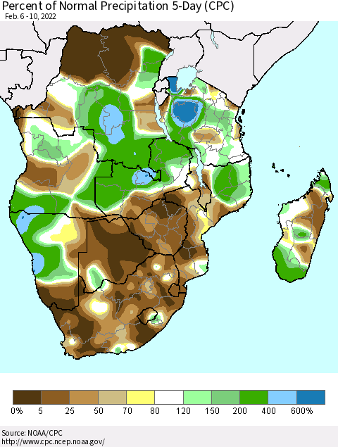 Southern Africa Percent of Normal Precipitation 5-Day (CPC) Thematic Map For 2/6/2022 - 2/10/2022