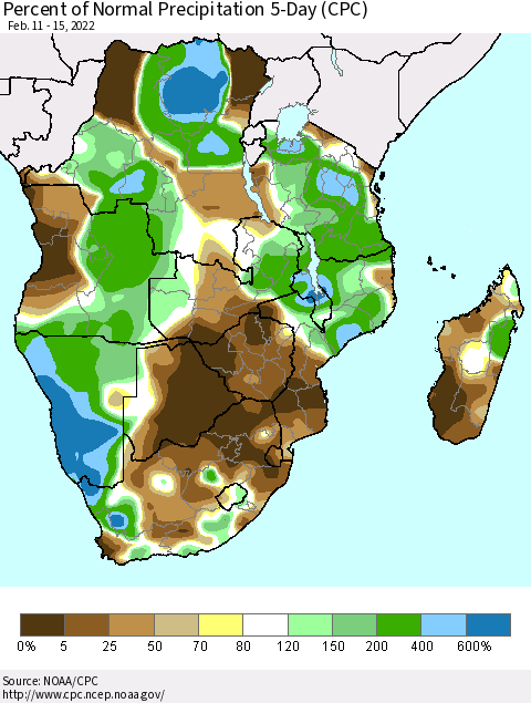 Southern Africa Percent of Normal Precipitation 5-Day (CPC) Thematic Map For 2/11/2022 - 2/15/2022