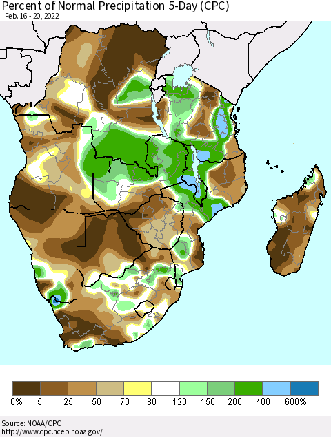 Southern Africa Percent of Normal Precipitation 5-Day (CPC) Thematic Map For 2/16/2022 - 2/20/2022