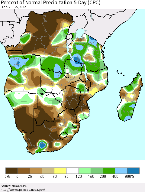 Southern Africa Percent of Normal Precipitation 5-Day (CPC) Thematic Map For 2/21/2022 - 2/25/2022