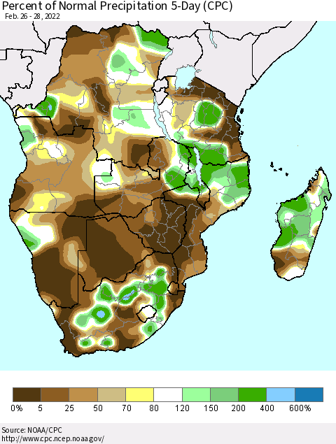 Southern Africa Percent of Normal Precipitation 5-Day (CPC) Thematic Map For 2/26/2022 - 2/28/2022