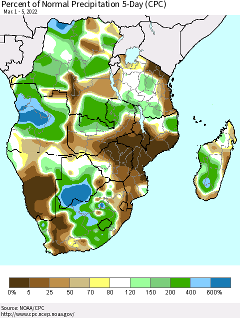 Southern Africa Percent of Normal Precipitation 5-Day (CPC) Thematic Map For 3/1/2022 - 3/5/2022