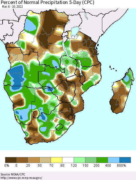 Southern Africa Percent of Normal Precipitation 5-Day (CPC) Thematic Map For 3/6/2022 - 3/10/2022