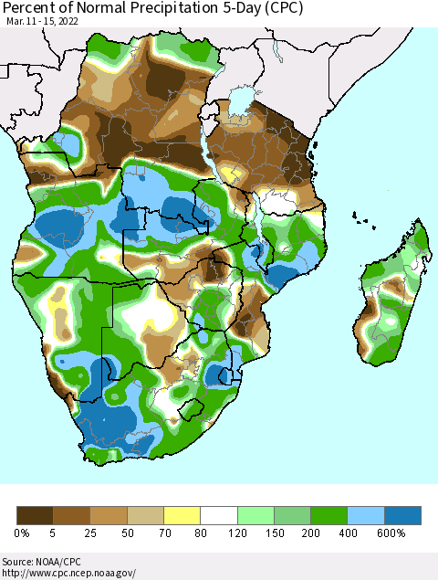 Southern Africa Percent of Normal Precipitation 5-Day (CPC) Thematic Map For 3/11/2022 - 3/15/2022