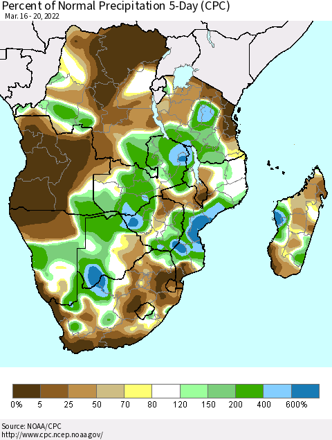 Southern Africa Percent of Normal Precipitation 5-Day (CPC) Thematic Map For 3/16/2022 - 3/20/2022