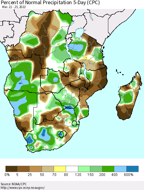 Southern Africa Percent of Normal Precipitation 5-Day (CPC) Thematic Map For 3/21/2022 - 3/25/2022
