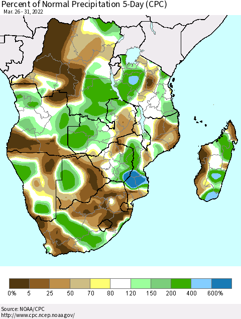 Southern Africa Percent of Normal Precipitation 5-Day (CPC) Thematic Map For 3/26/2022 - 3/31/2022