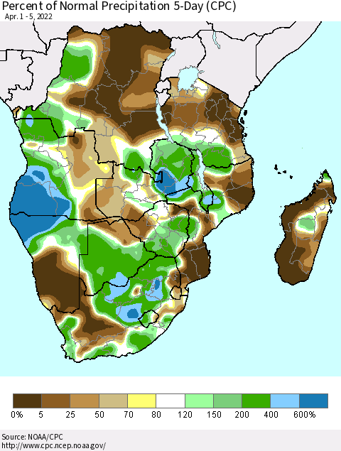 Southern Africa Percent of Normal Precipitation 5-Day (CPC) Thematic Map For 4/1/2022 - 4/5/2022