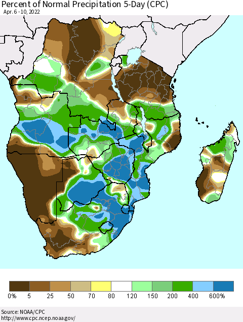 Southern Africa Percent of Normal Precipitation 5-Day (CPC) Thematic Map For 4/6/2022 - 4/10/2022