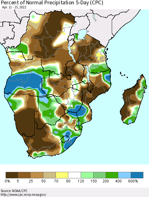 Southern Africa Percent of Normal Precipitation 5-Day (CPC) Thematic Map For 4/11/2022 - 4/15/2022