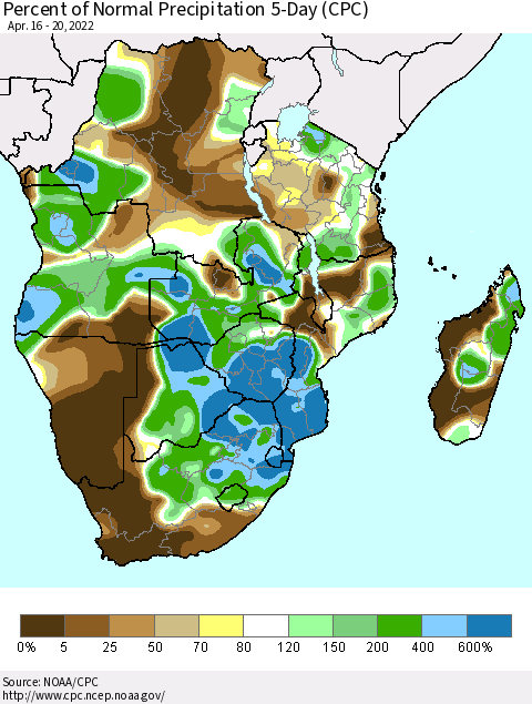 Southern Africa Percent of Normal Precipitation 5-Day (CPC) Thematic Map For 4/16/2022 - 4/20/2022