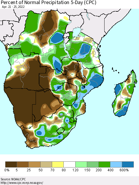 Southern Africa Percent of Normal Precipitation 5-Day (CPC) Thematic Map For 4/21/2022 - 4/25/2022