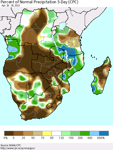 Southern Africa Percent of Normal Precipitation 5-Day (CPC) Thematic Map For 4/26/2022 - 4/30/2022