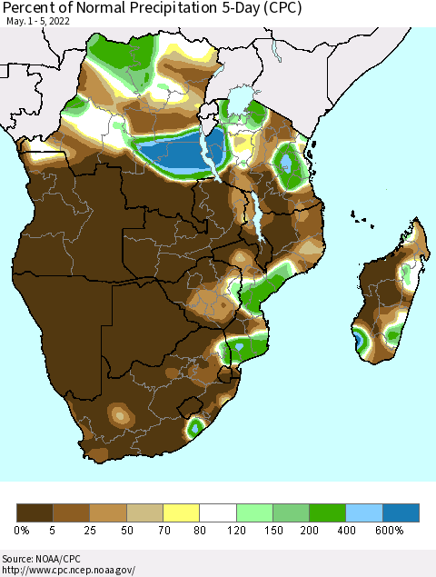 Southern Africa Percent of Normal Precipitation 5-Day (CPC) Thematic Map For 5/1/2022 - 5/5/2022
