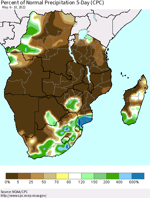 Southern Africa Percent of Normal Precipitation 5-Day (CPC) Thematic Map For 5/6/2022 - 5/10/2022