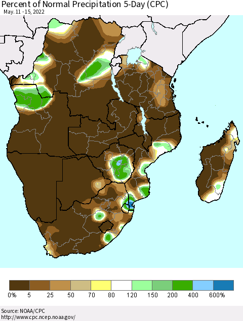 Southern Africa Percent of Normal Precipitation 5-Day (CPC) Thematic Map For 5/11/2022 - 5/15/2022