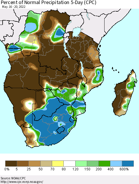 Southern Africa Percent of Normal Precipitation 5-Day (CPC) Thematic Map For 5/16/2022 - 5/20/2022