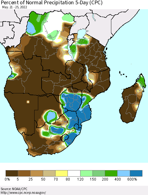 Southern Africa Percent of Normal Precipitation 5-Day (CPC) Thematic Map For 5/21/2022 - 5/25/2022