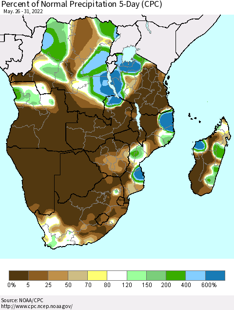 Southern Africa Percent of Normal Precipitation 5-Day (CPC) Thematic Map For 5/26/2022 - 5/31/2022