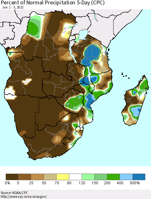 Southern Africa Percent of Normal Precipitation 5-Day (CPC) Thematic Map For 6/1/2022 - 6/5/2022