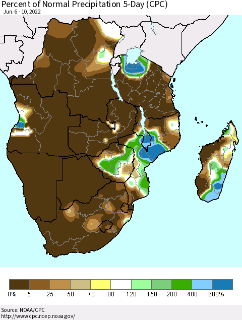 Southern Africa Percent of Normal Precipitation 5-Day (CPC) Thematic Map For 6/6/2022 - 6/10/2022