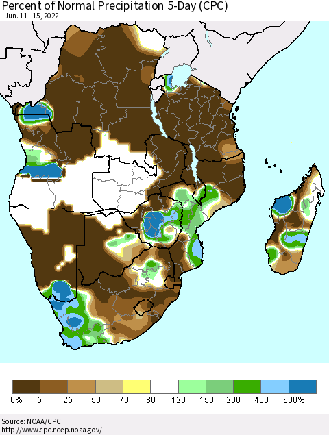 Southern Africa Percent of Normal Precipitation 5-Day (CPC) Thematic Map For 6/11/2022 - 6/15/2022