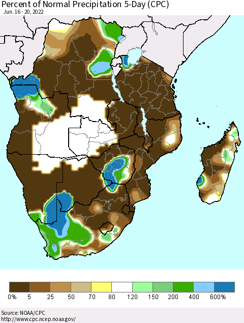 Southern Africa Percent of Normal Precipitation 5-Day (CPC) Thematic Map For 6/16/2022 - 6/20/2022