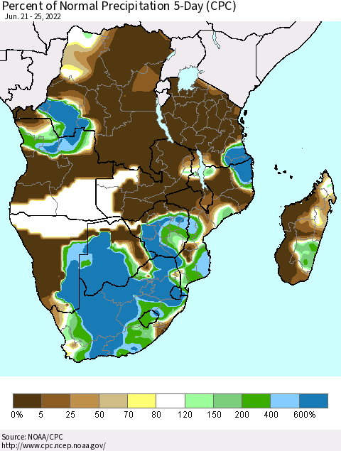 Southern Africa Percent of Normal Precipitation 5-Day (CPC) Thematic Map For 6/21/2022 - 6/25/2022