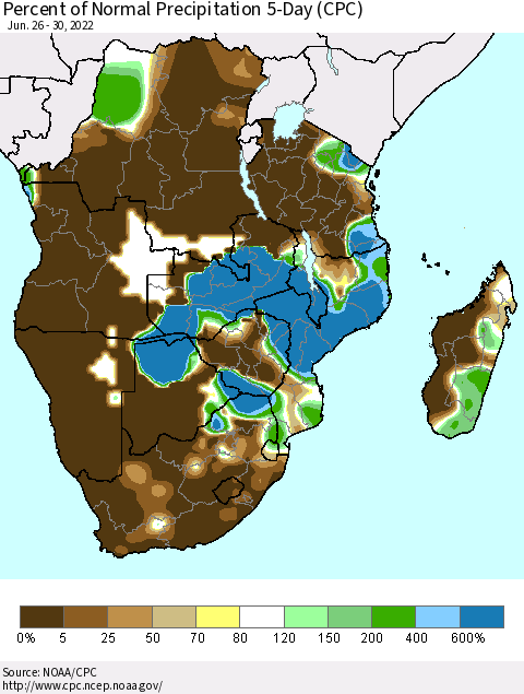 Southern Africa Percent of Normal Precipitation 5-Day (CPC) Thematic Map For 6/26/2022 - 6/30/2022
