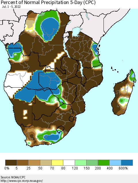 Southern Africa Percent of Normal Precipitation 5-Day (CPC) Thematic Map For 7/1/2022 - 7/5/2022