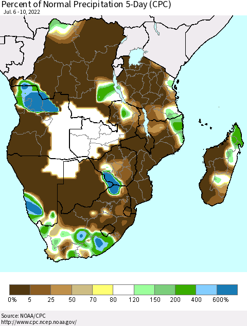 Southern Africa Percent of Normal Precipitation 5-Day (CPC) Thematic Map For 7/6/2022 - 7/10/2022